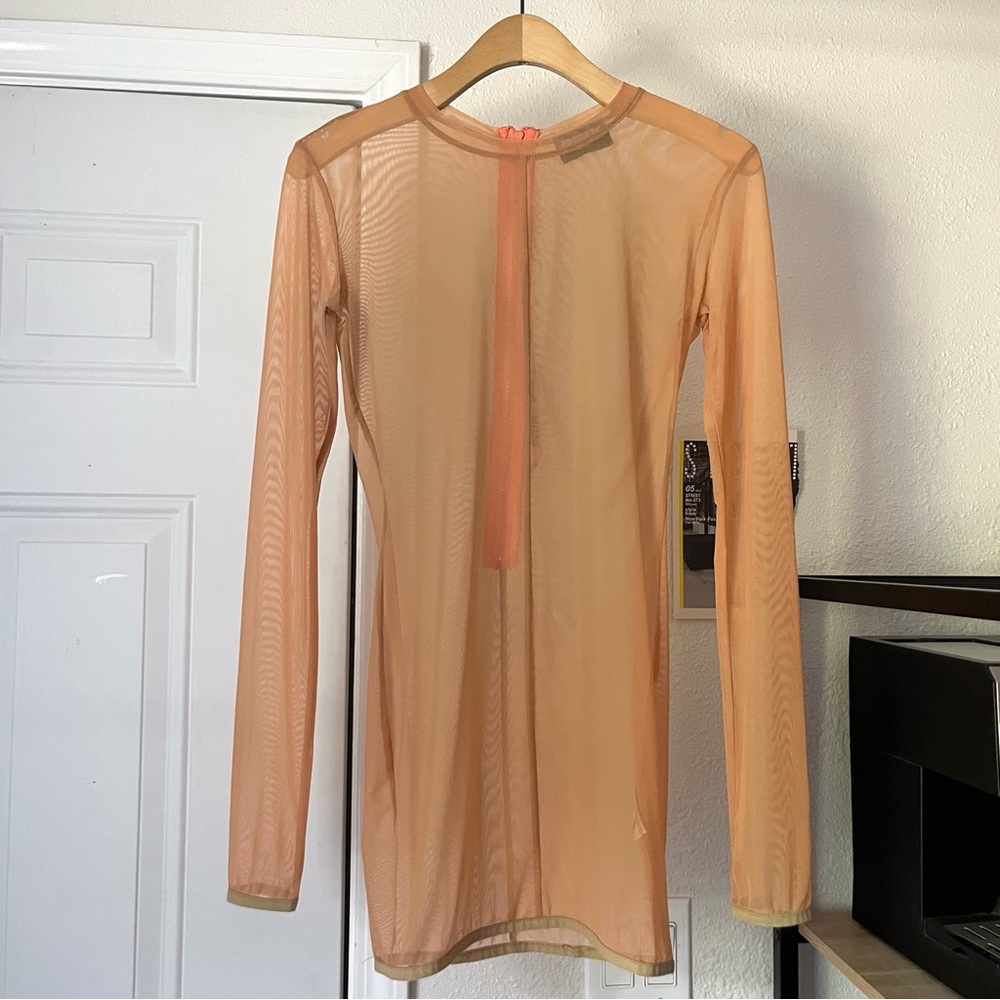 PRIX peach orange knit mesh sheer‎ bodycon long sleeve mini dress